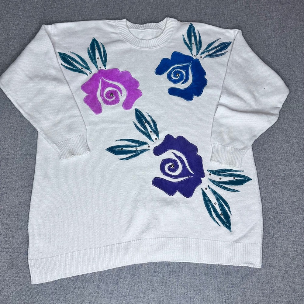 Vintage White Floral Applique Studded Knit Sweater Crewneck Large Pullover‎
